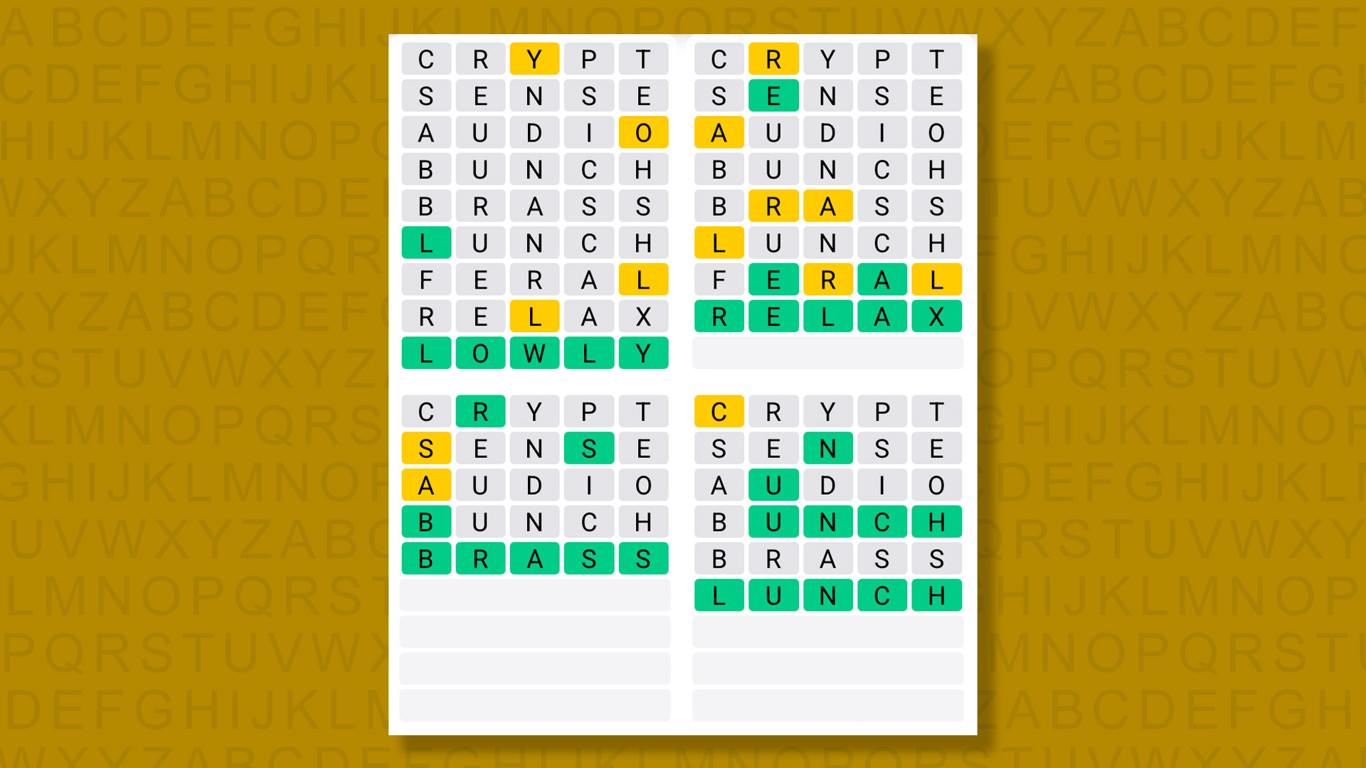 Quordle answers for game 1551 on a yellow background