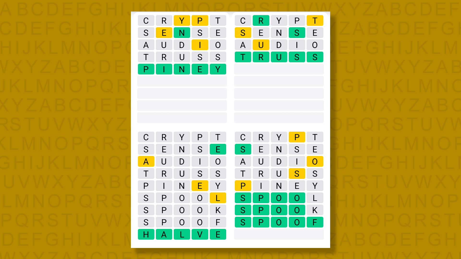 Quordle answers for game 1530 on a yellow background