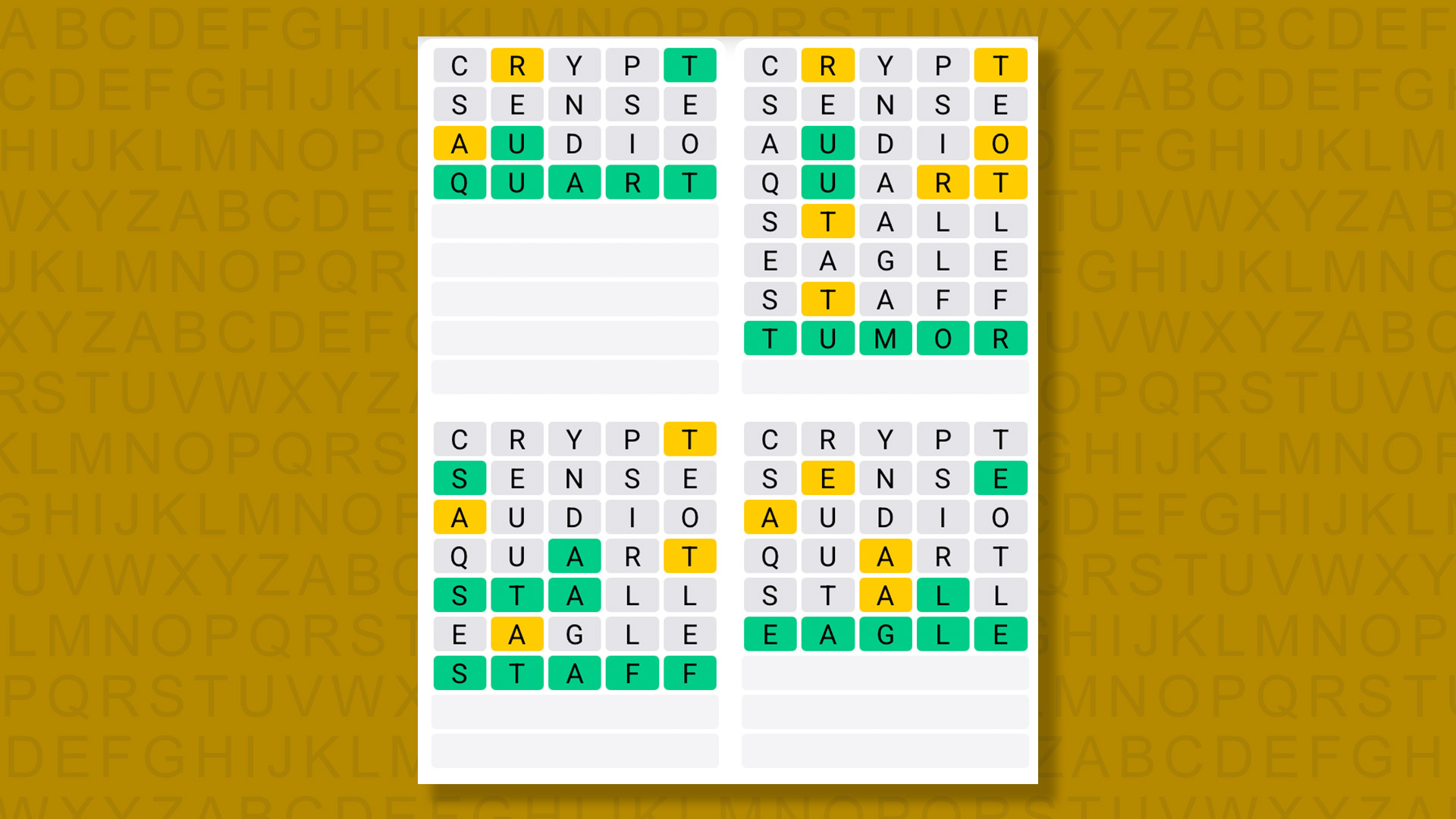 Quordle answers for game 1547 on a yellow background