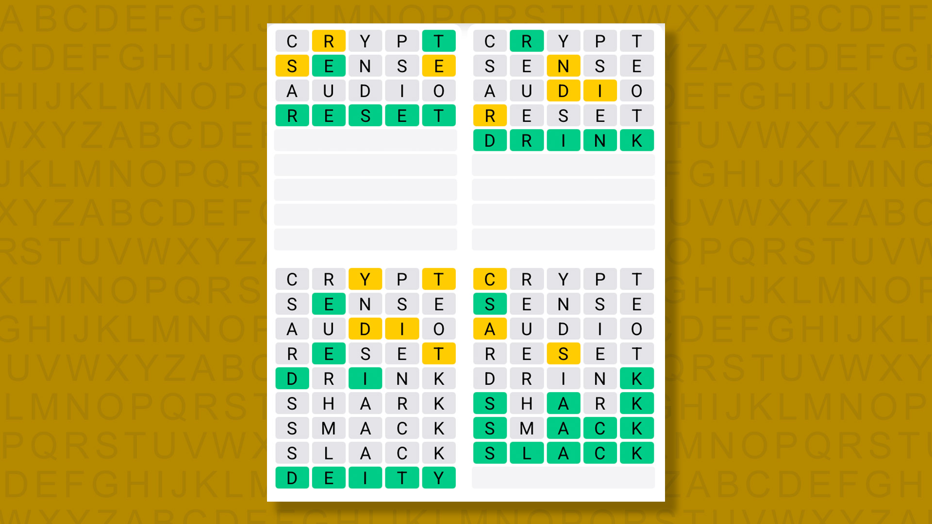 Quordle answers for game 1552 on a yellow background