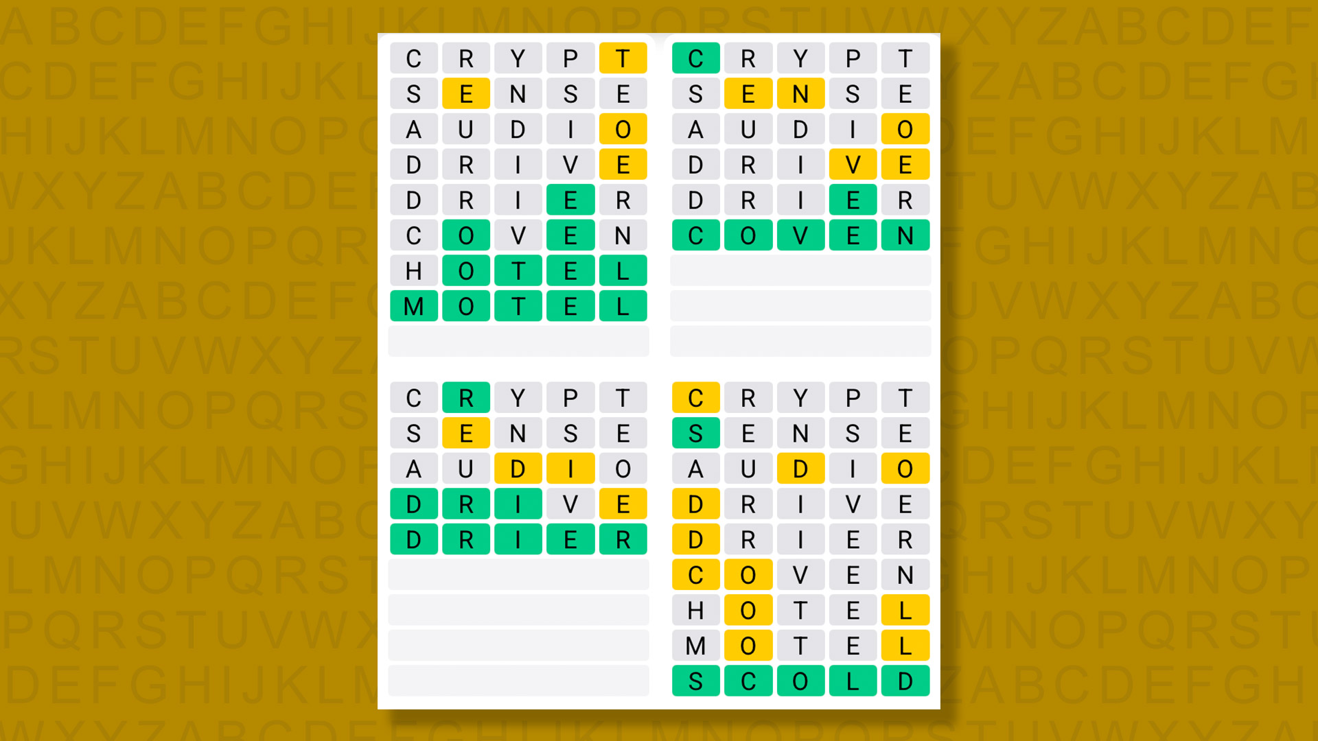 Quordle answers for game 1531 on a yellow background