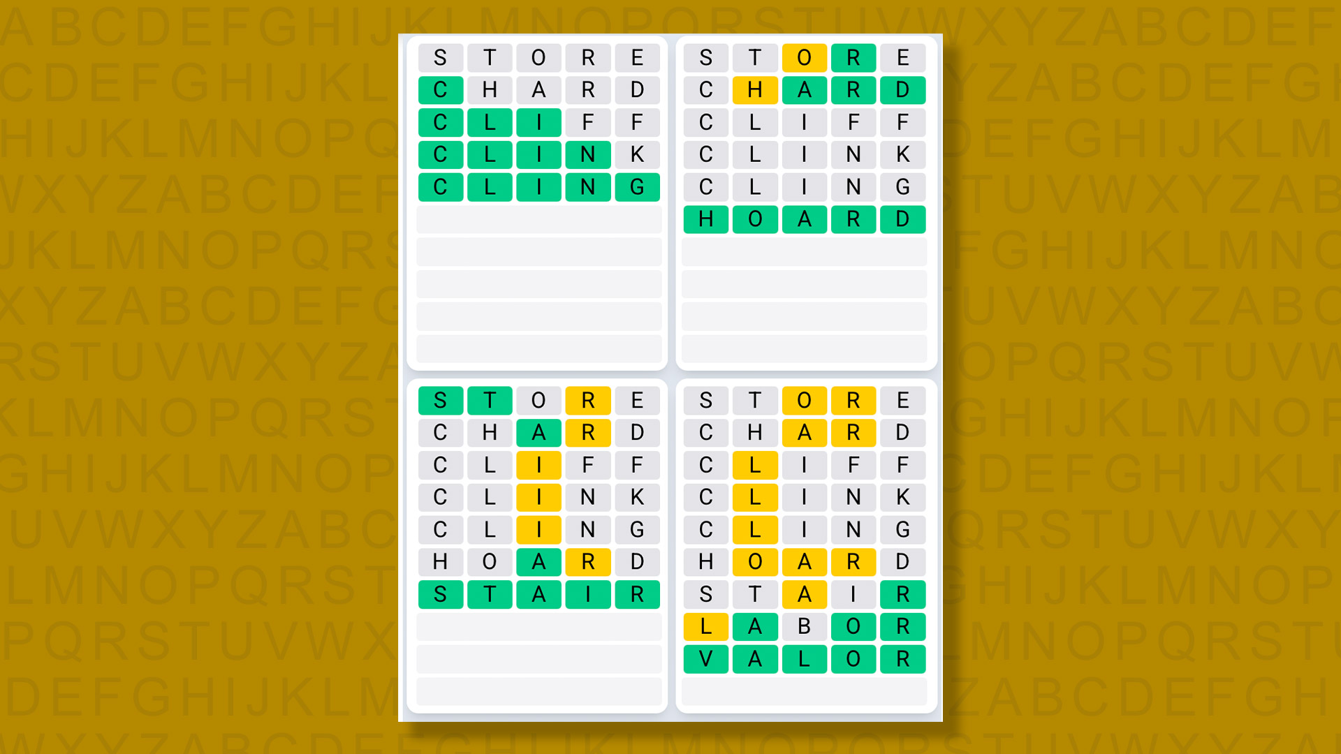 Quordle Daily Sequence answers for game 1539 on a yellow background