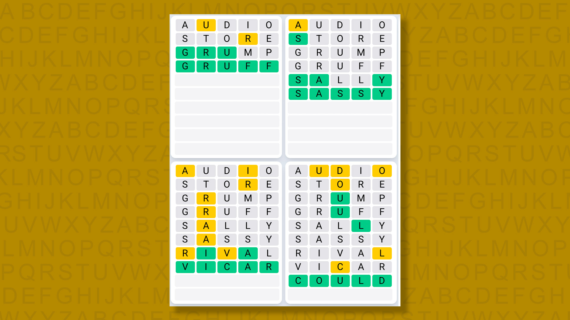 Quordle Daily Sequence answers for game 1546 on a yellow background