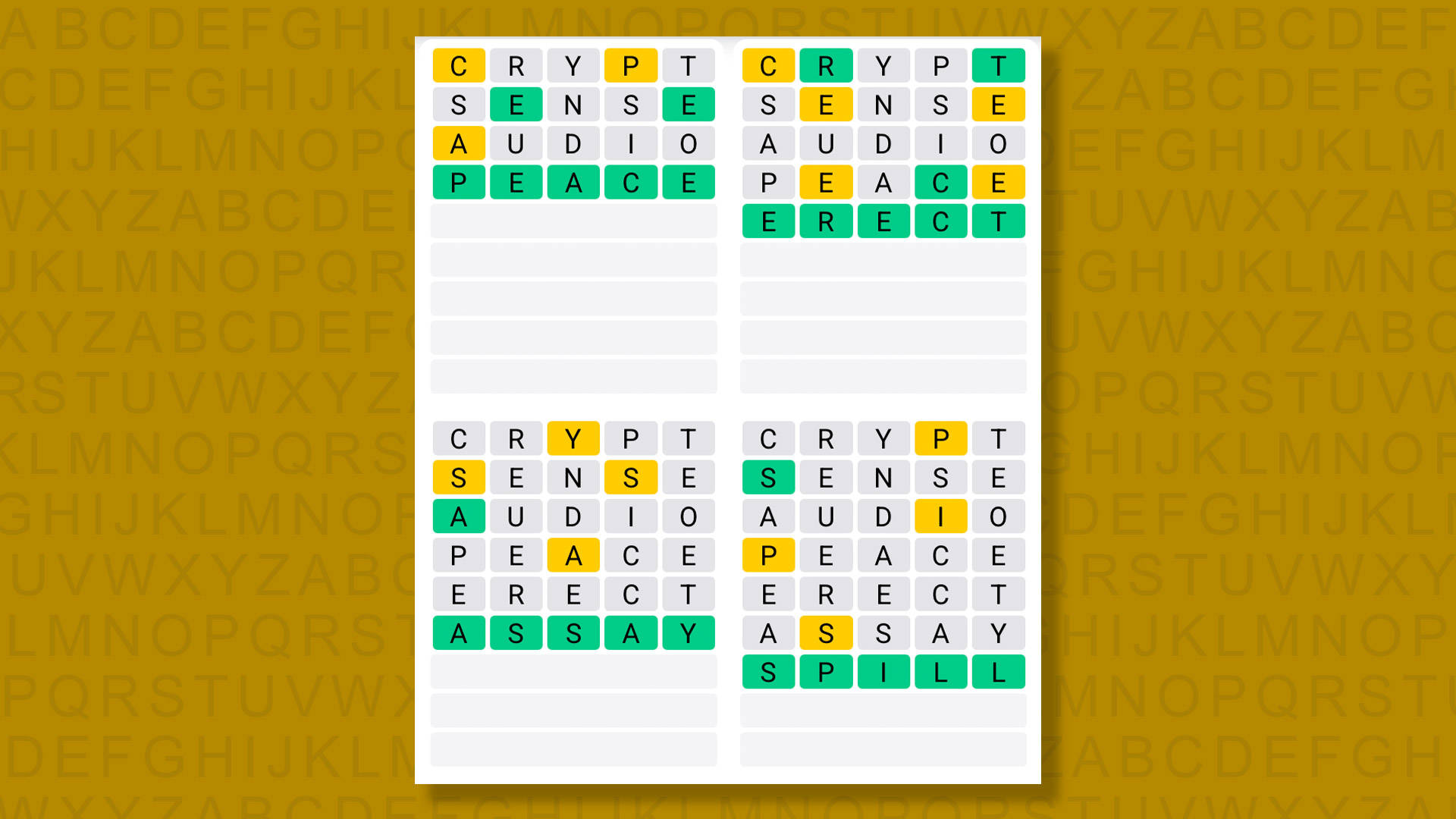 Quordle answers for game 1546 on a yellow background