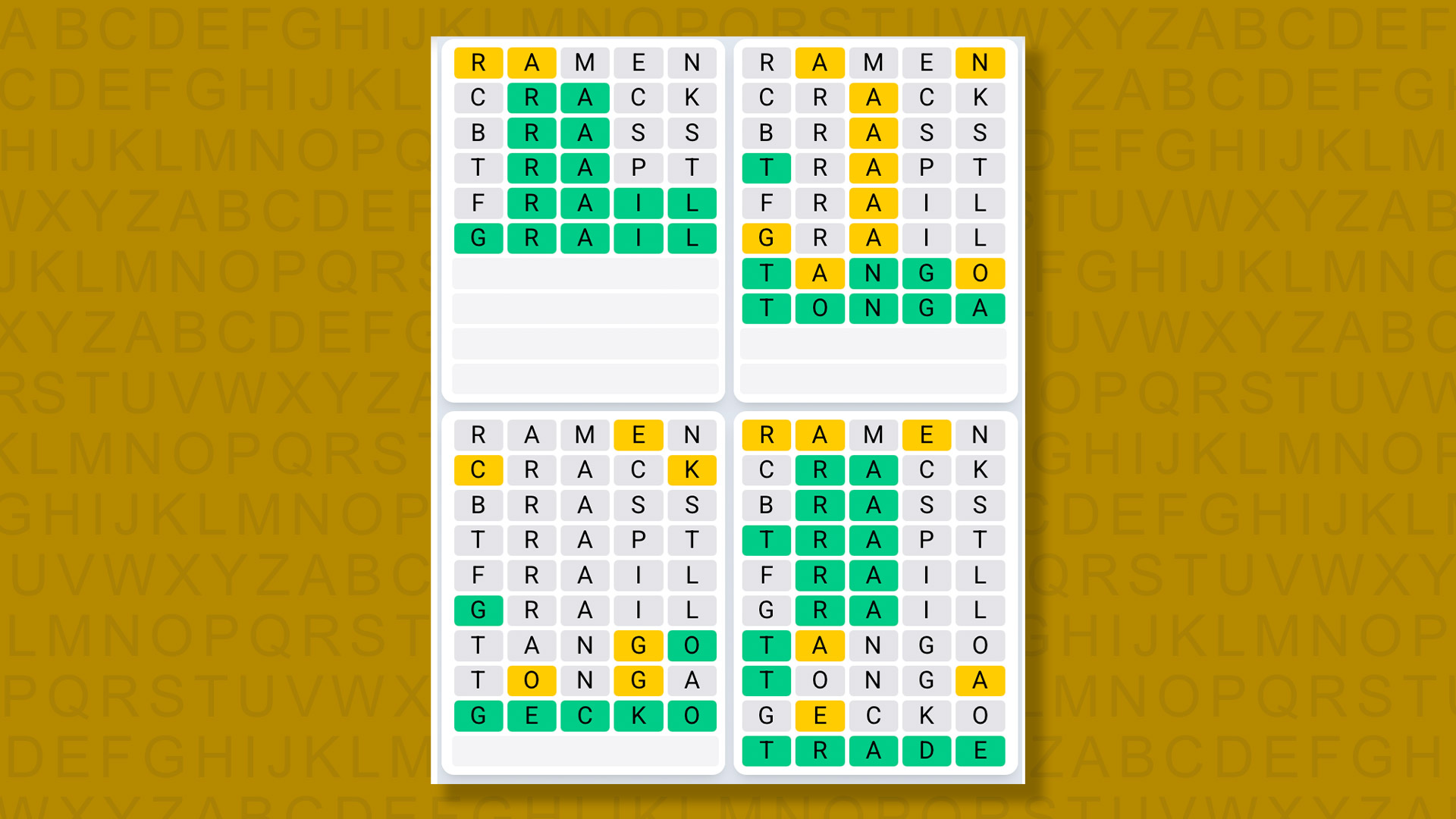 Quordle Daily Sequence answers for game 1553 on a yellow background