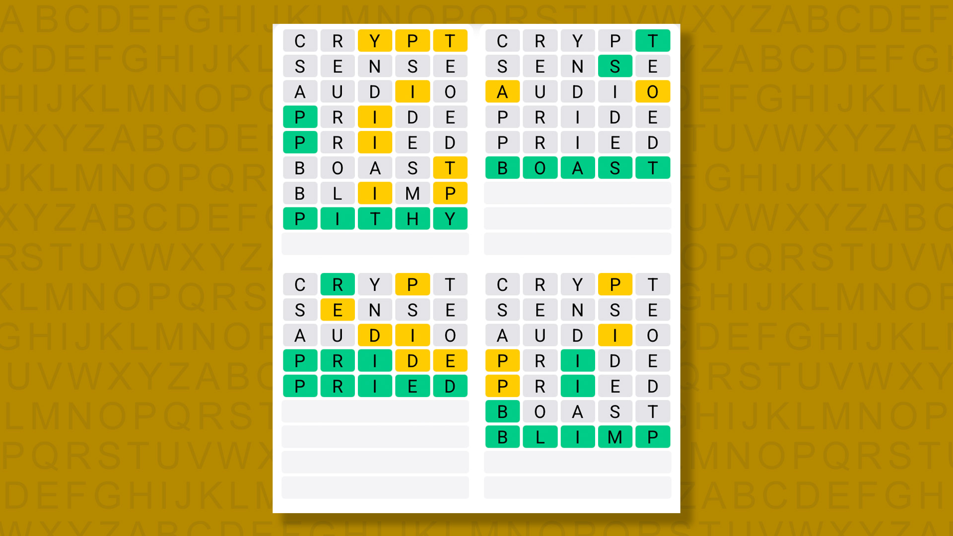 Quordle answers for game 1553 on a yellow background