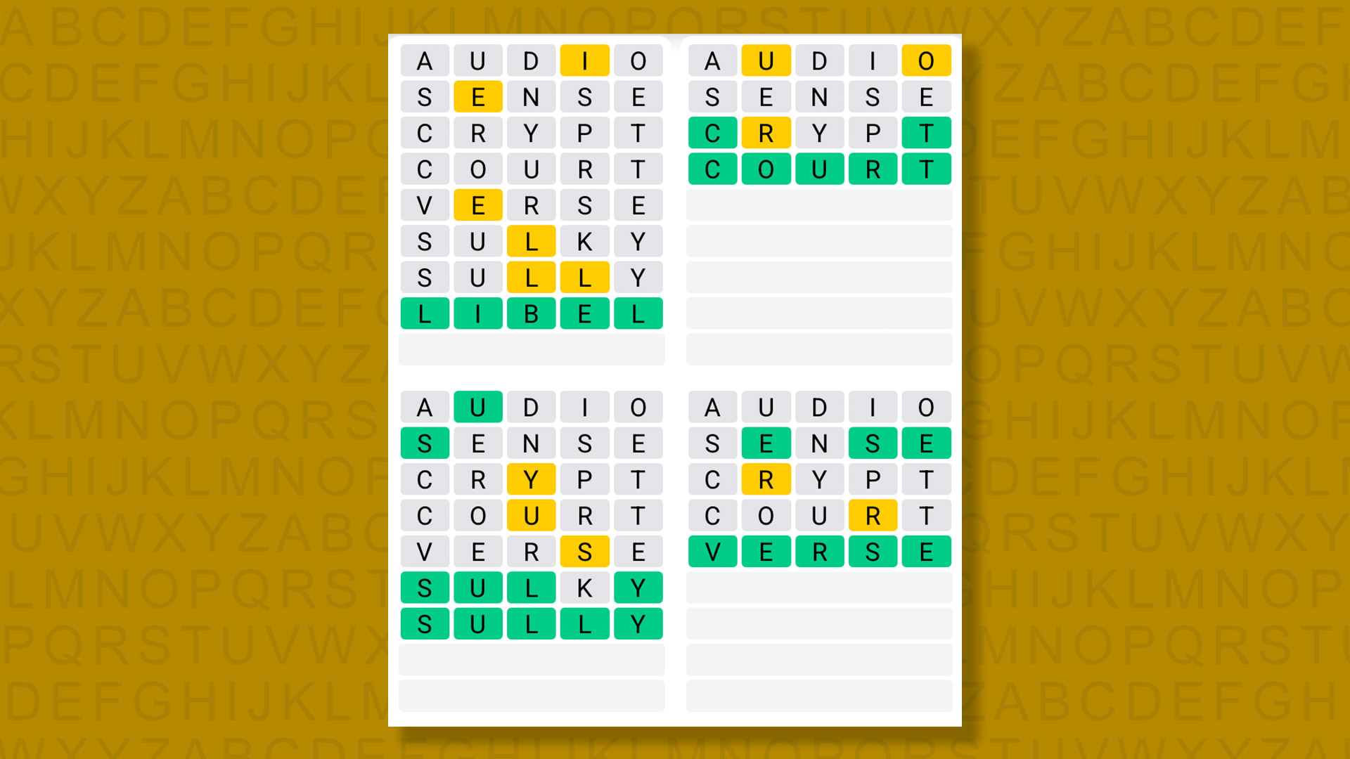 Quordle answers for game 1543 on a yellow background