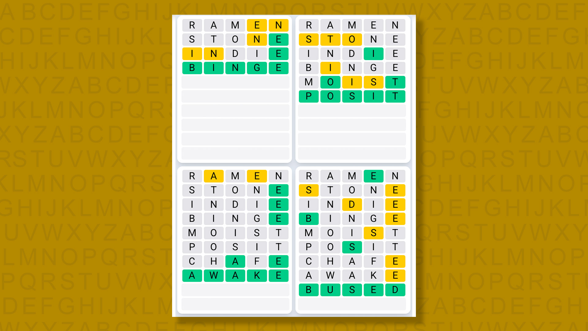 Quordle Daily Sequence answers for game 1550 on a yellow background