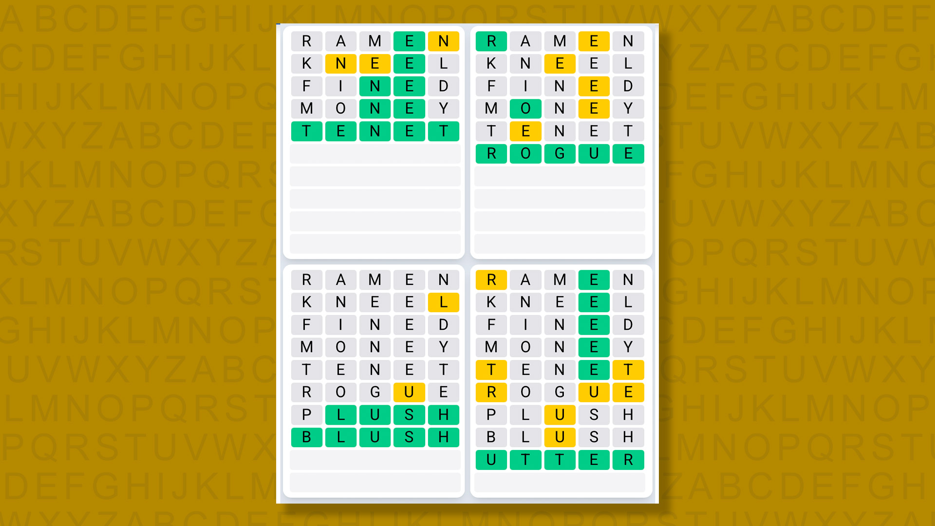Quordle Daily Sequence answers for game 1557 on a yellow background
