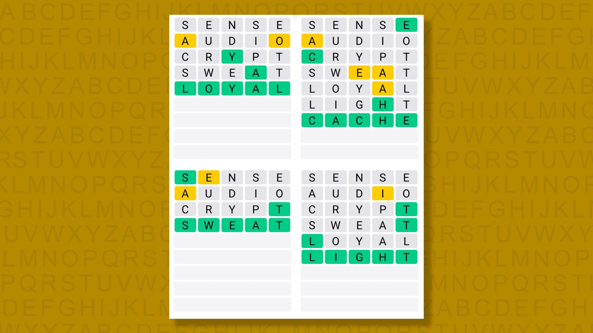 Quordle answers for game 1557 on a yellow background