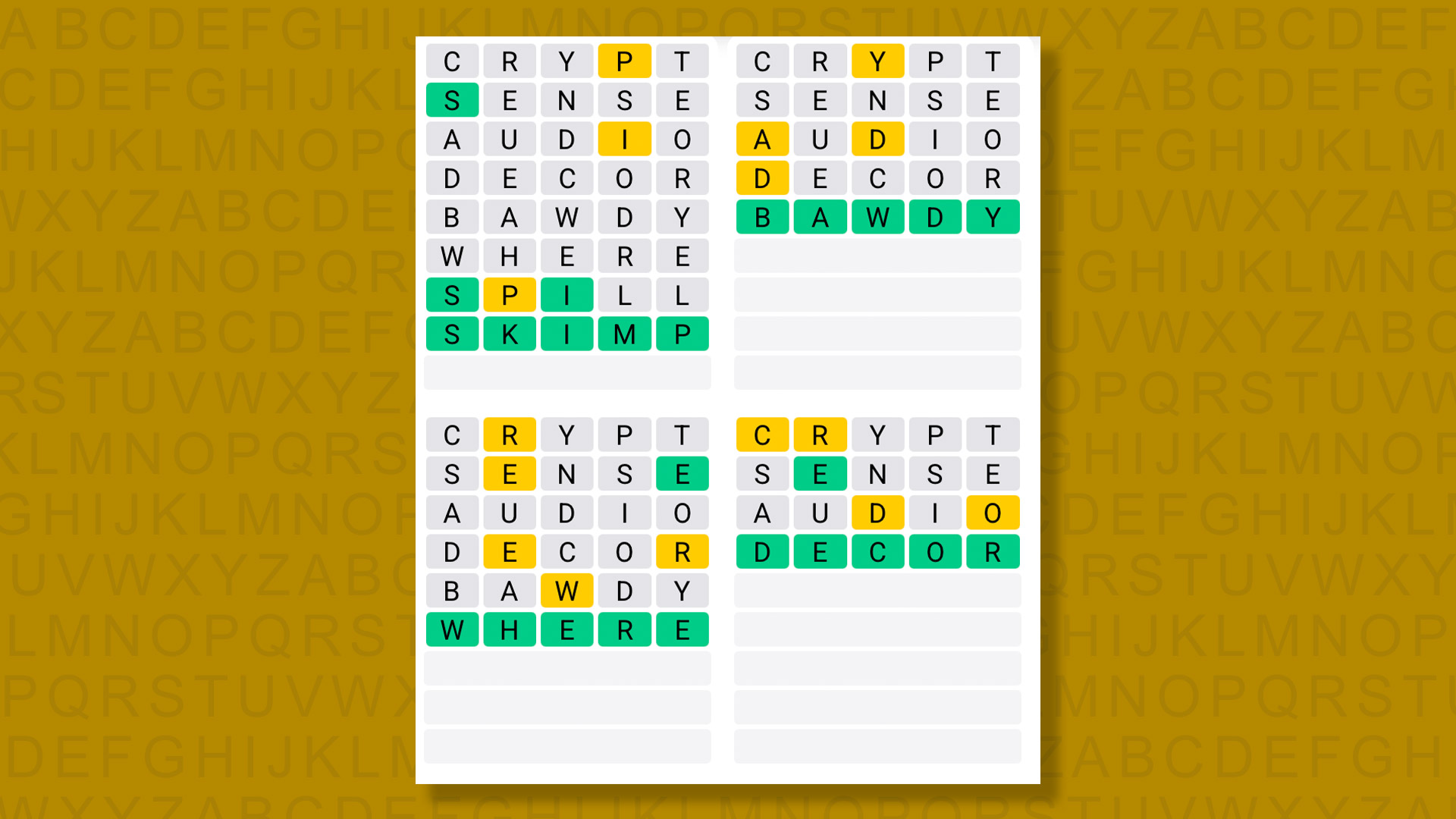 Quordle answers for game 1536 on a yellow background