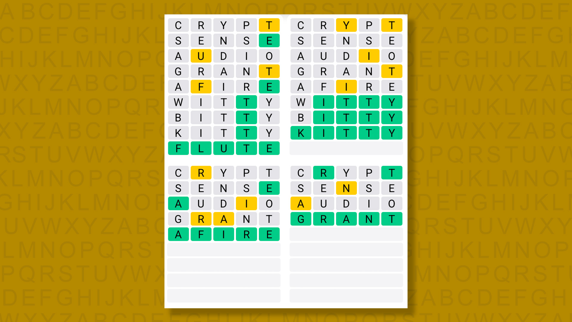 Quordle answers for game 1548 on a yellow background