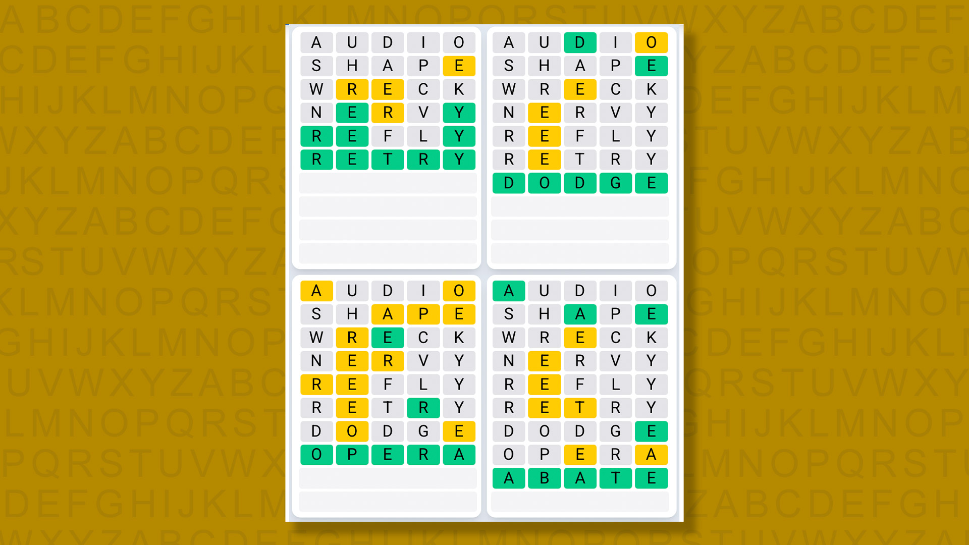 Quordle Daily Sequence answers for game 1534 on a yellow background