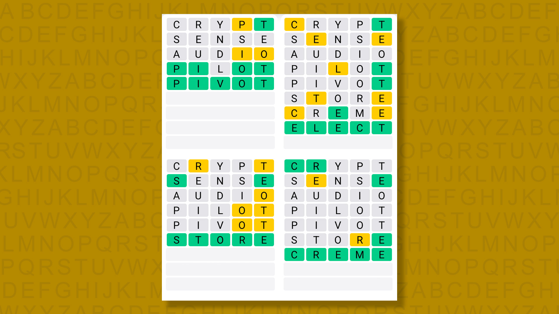 Quordle answers for game 1542 on a yellow background