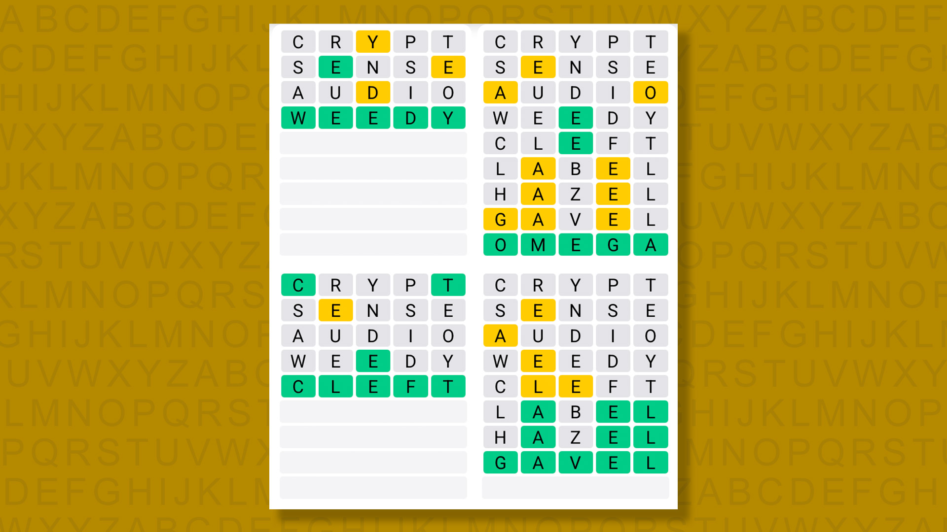 Quordle answers for game 1549 on a yellow background