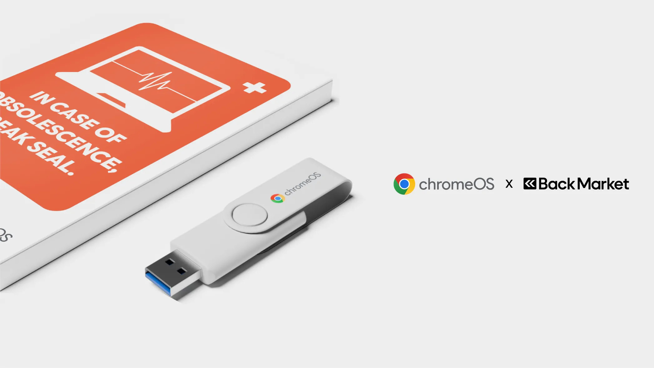 Google ChromeOS Flex Kit packaging with USB stick next to it