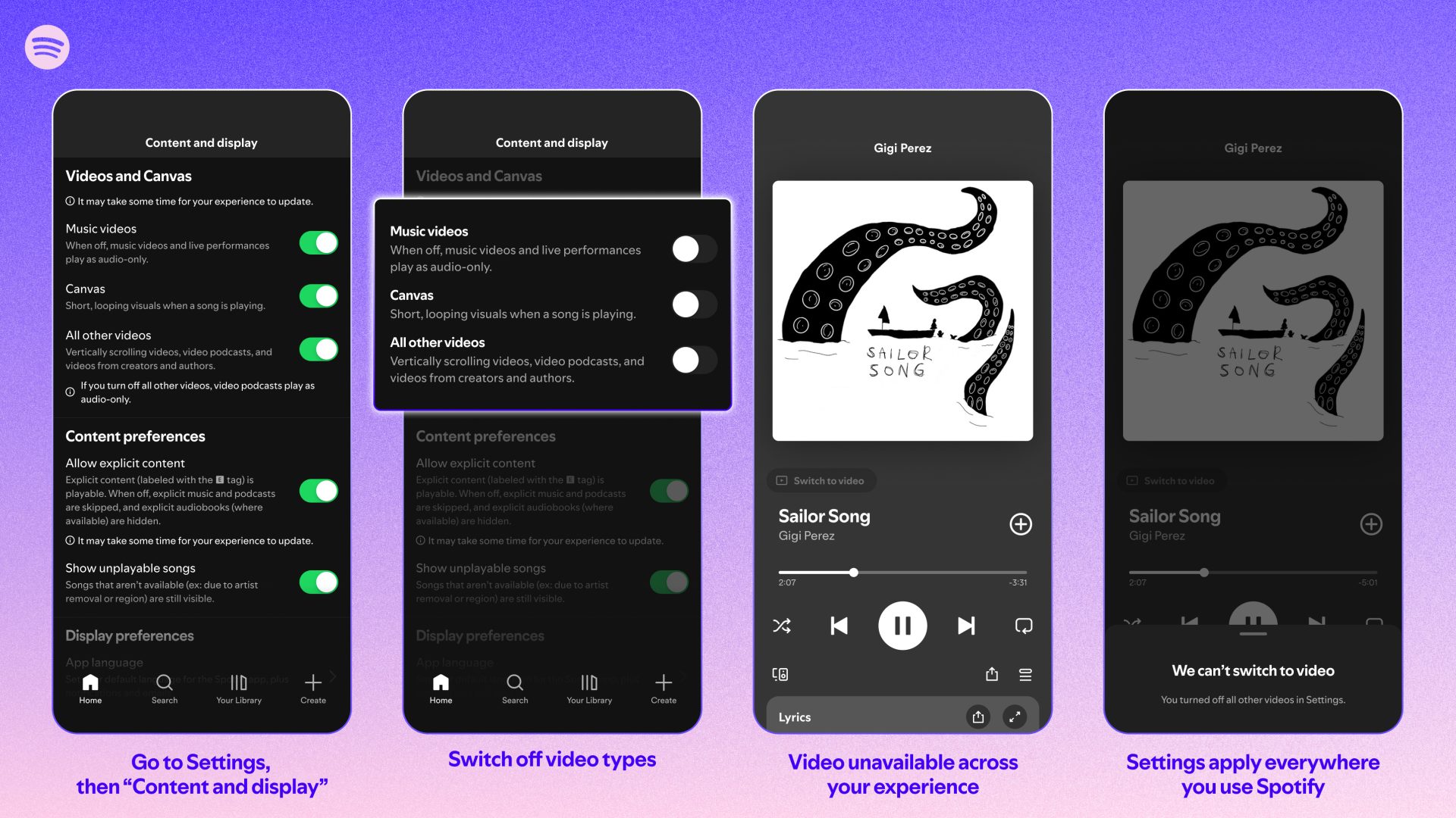 An infographic showing how to access video controls in the Spotify mobile app