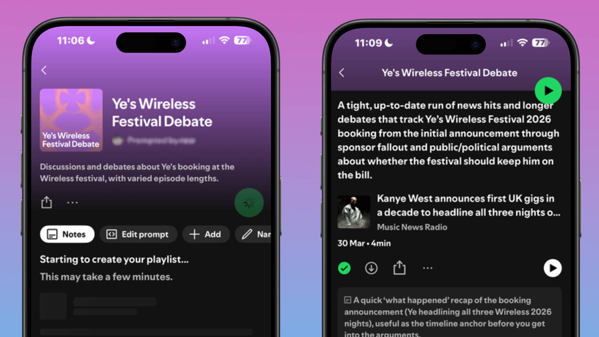 Two smartphones showing a generated Prompted Playlist in the Spotify app