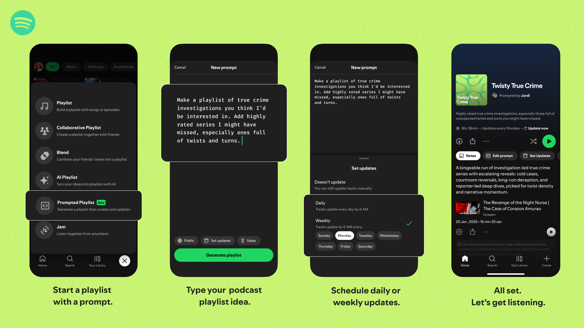 An infographic showing how to make a Prompted Playlist of podcast episodes in the Spotify mobile app