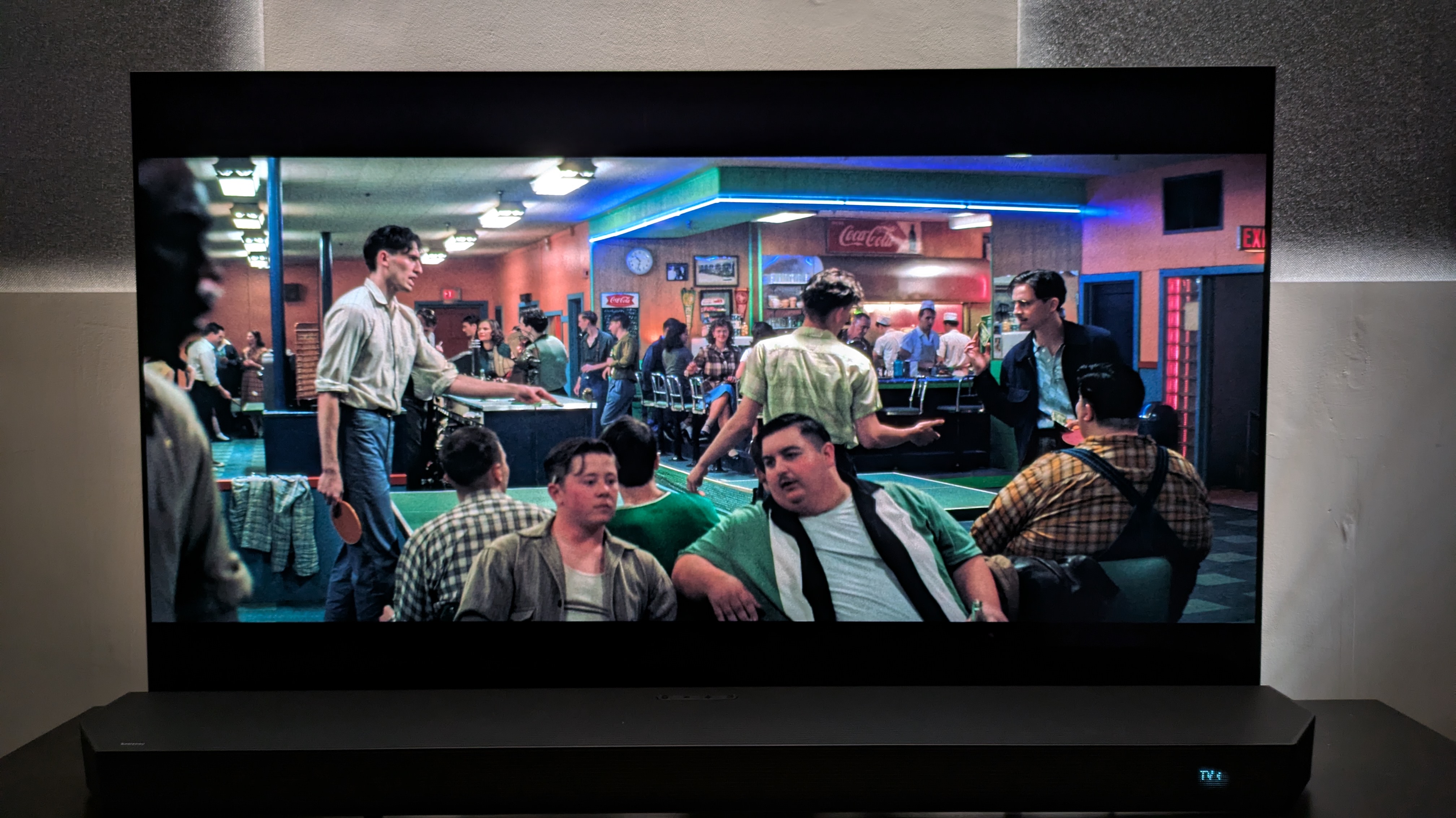 Marty Supreme 4K Blu-ray on LG G5 showing Marty and two other patrons in a pool hall 
