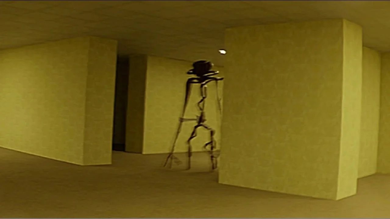 An off-yellow hallway with a strange looking creature lurking in the distance
