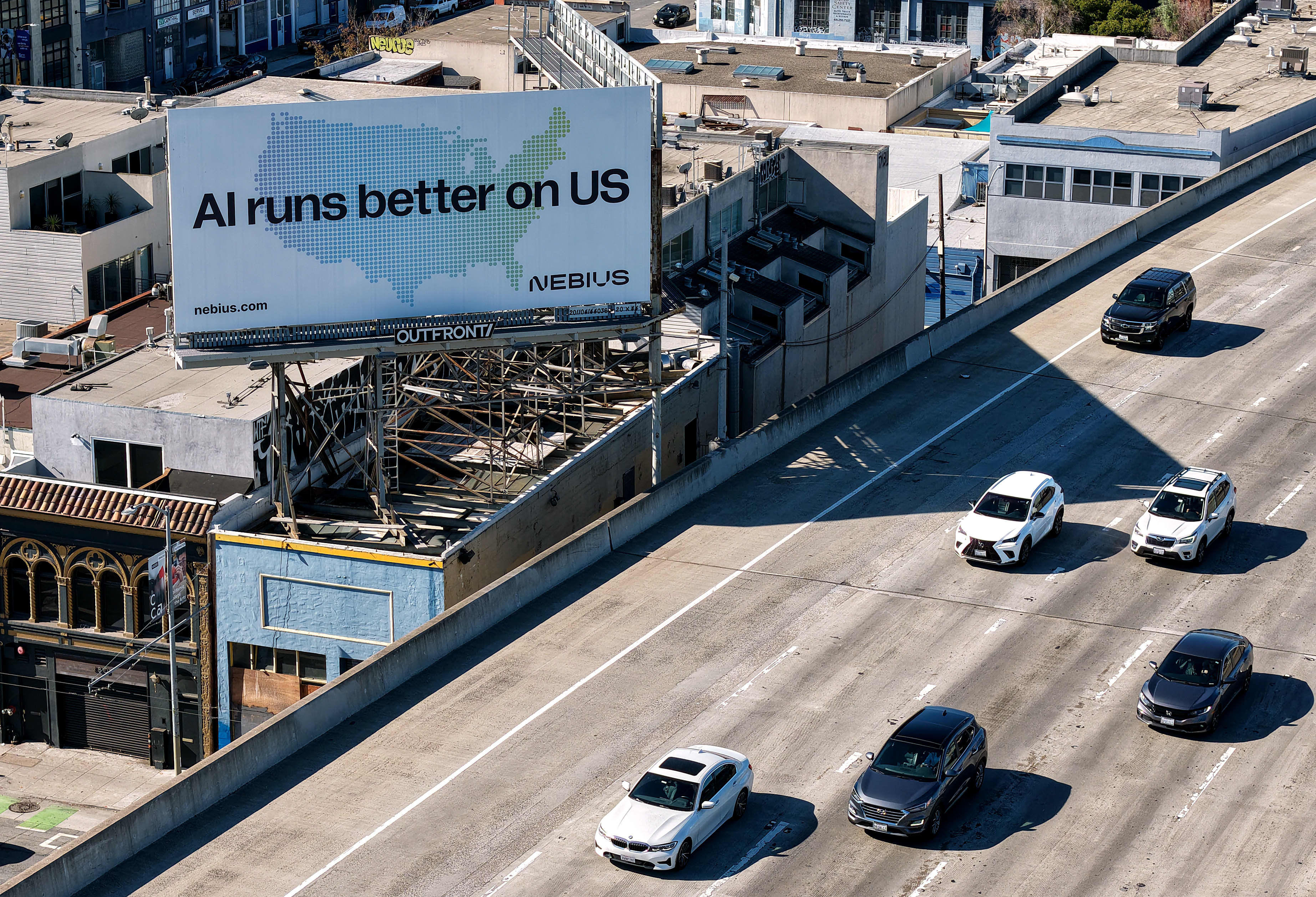 In an aerial view, a billboard advertising an artificial intelligence (AI) company is posted on Sept. 16, 2025 in San Francisco, California.