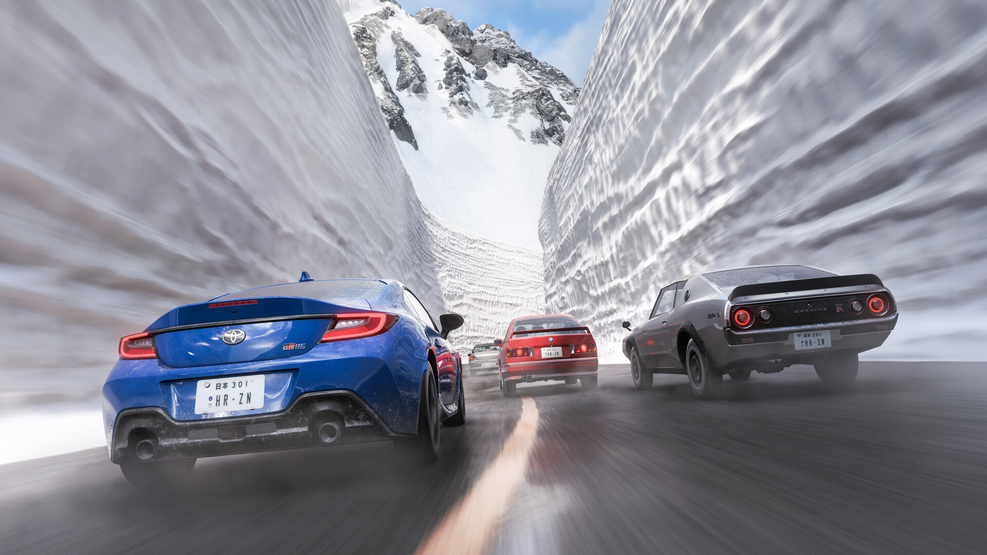 Cars race through a treacherous snowy pass in Forza Horizon 6.