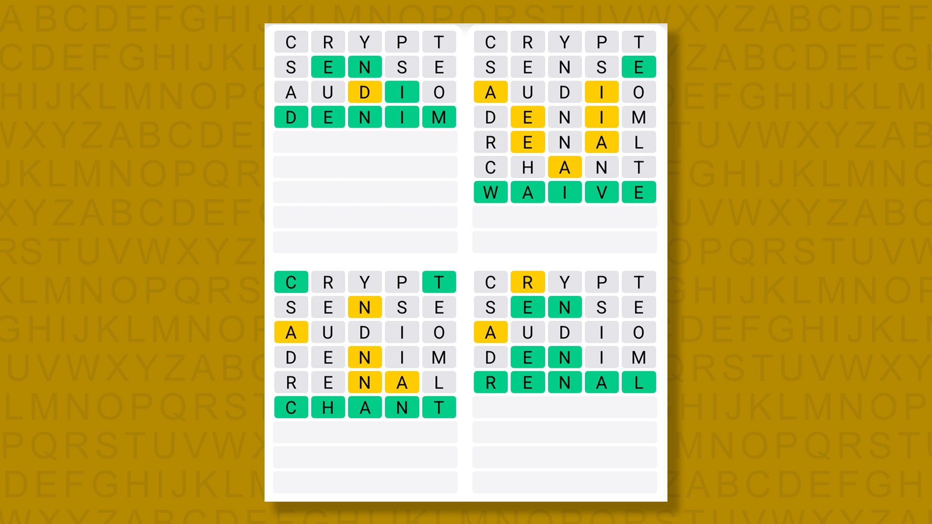 Quordle answers for game 1559 on a yellow background