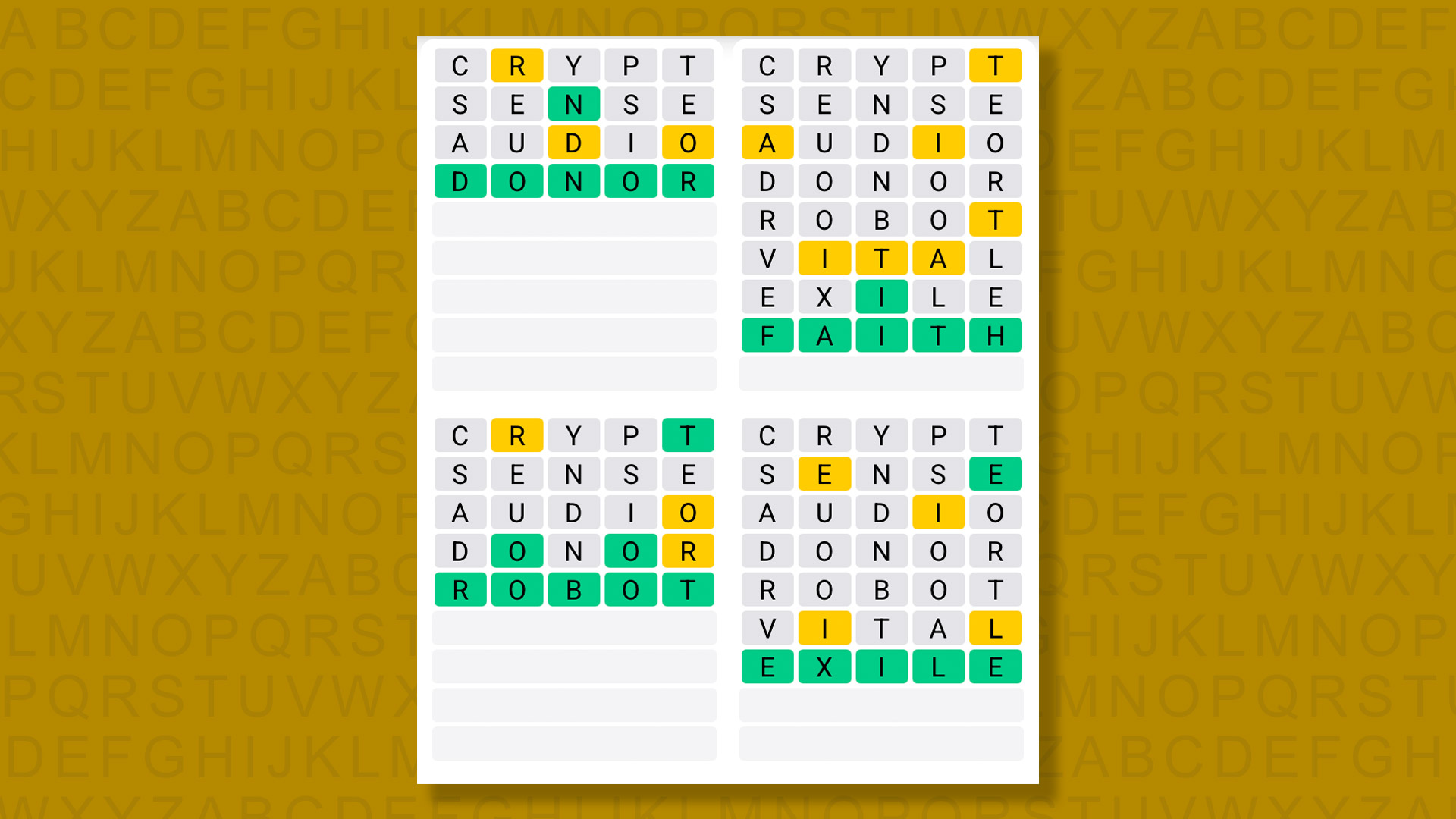 Quordle answers for game 1567 on a yellow background
