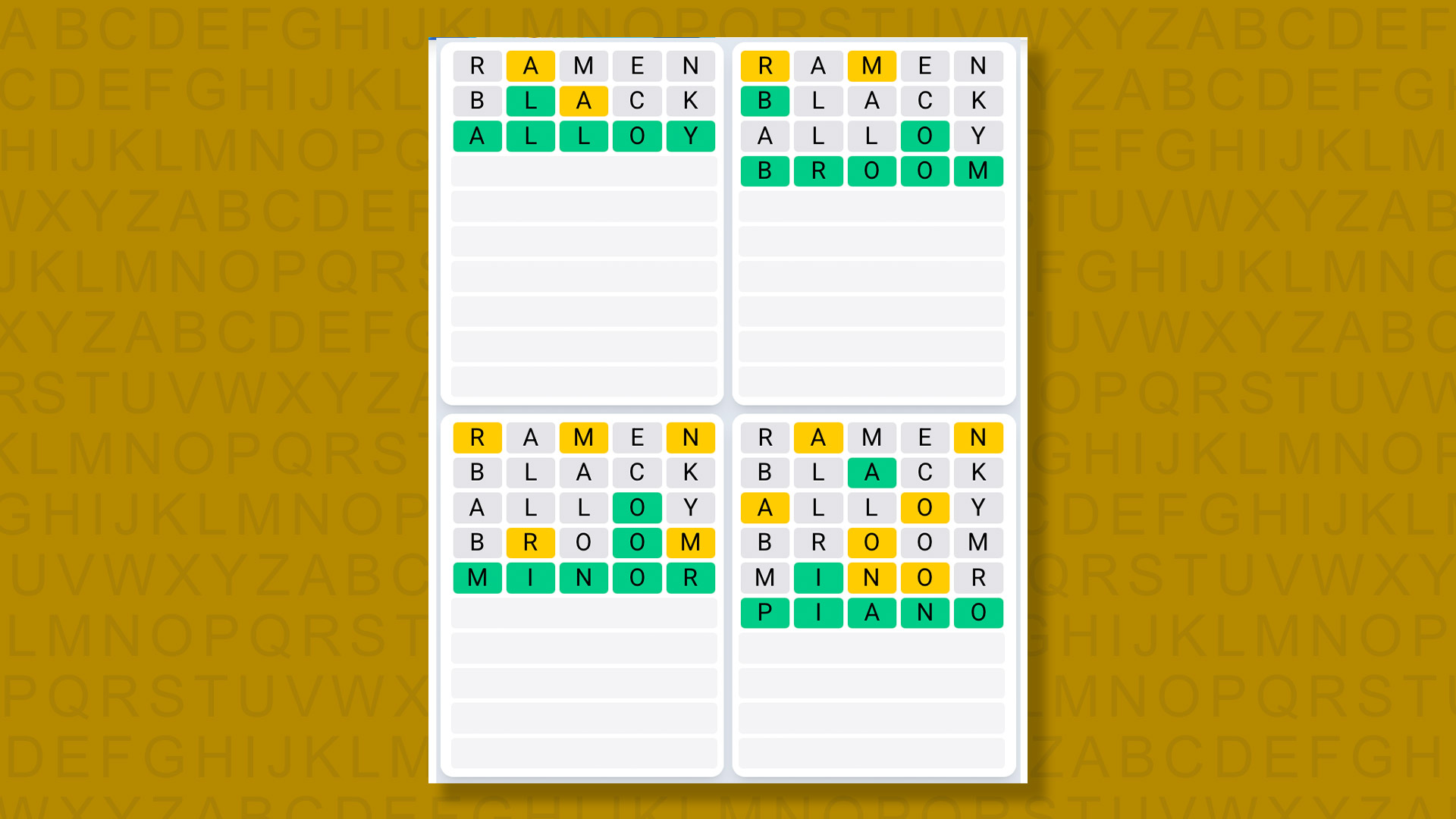 Quordle Daily Sequence answers for game 1574 on a yellow background