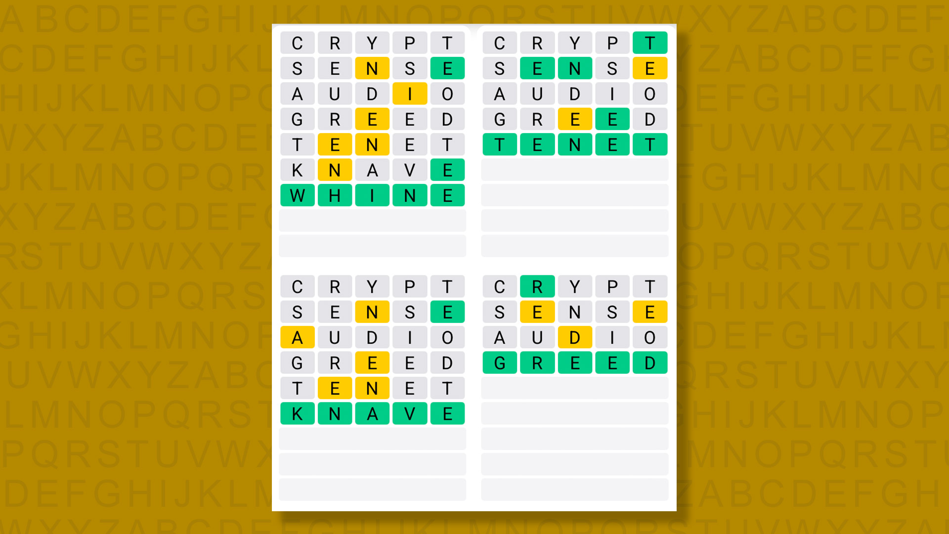Quordle answers for game 1574 on a yellow background