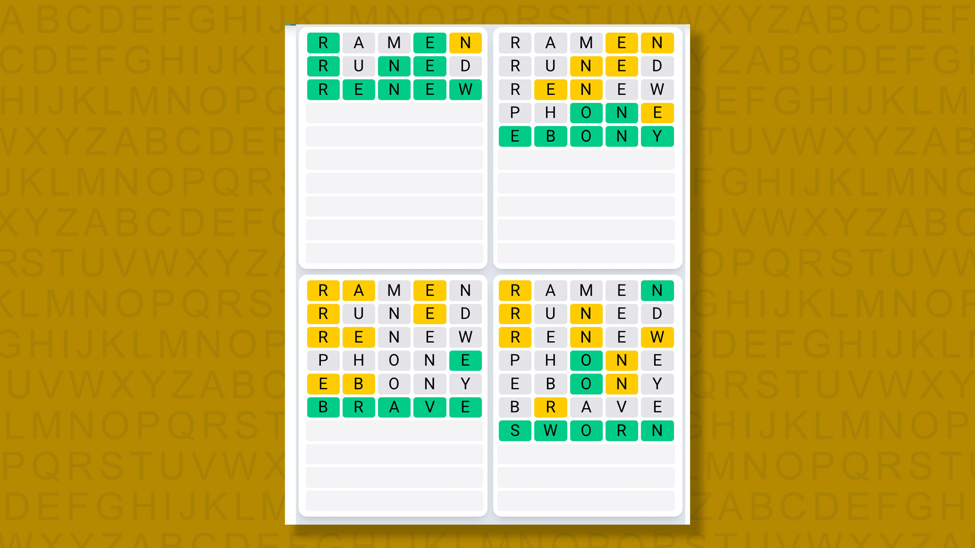 Quordle Daily Sequence answers for game 1588 on a yellow background