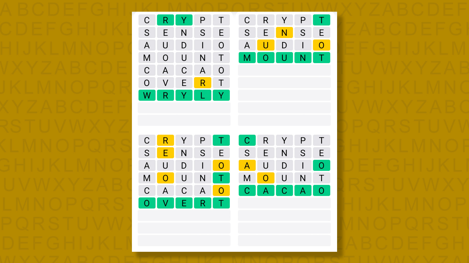 Quordle answers for game 1588 on a yellow background