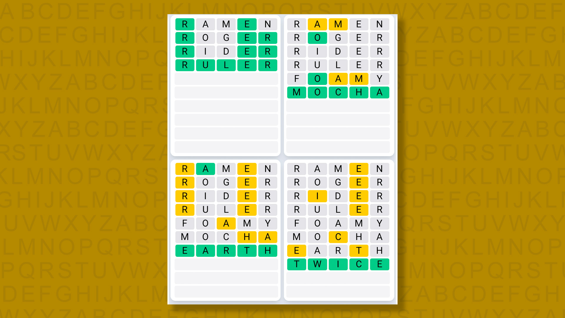 Quordle Daily Sequence answers for game 1571 on a yellow background