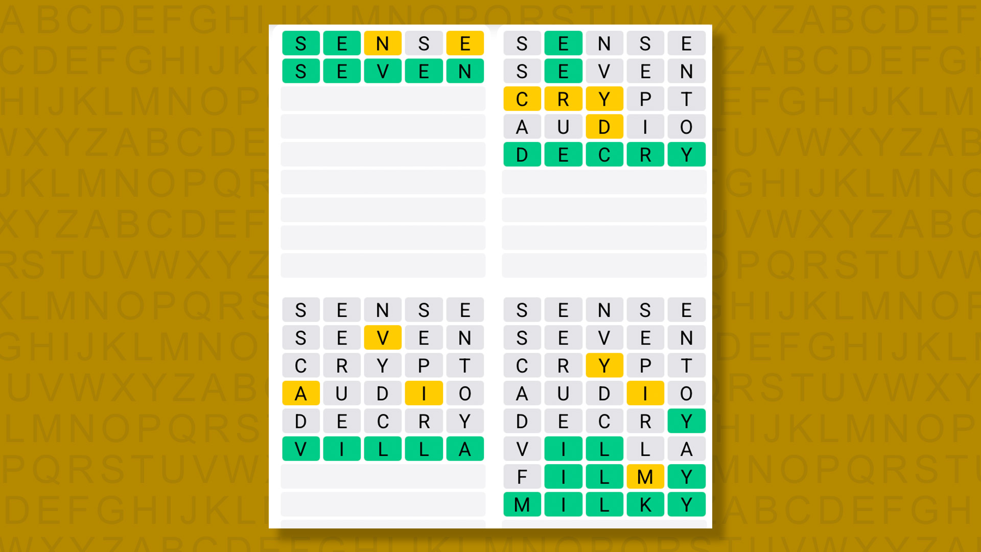 Quordle answers for game 1571 on a yellow background