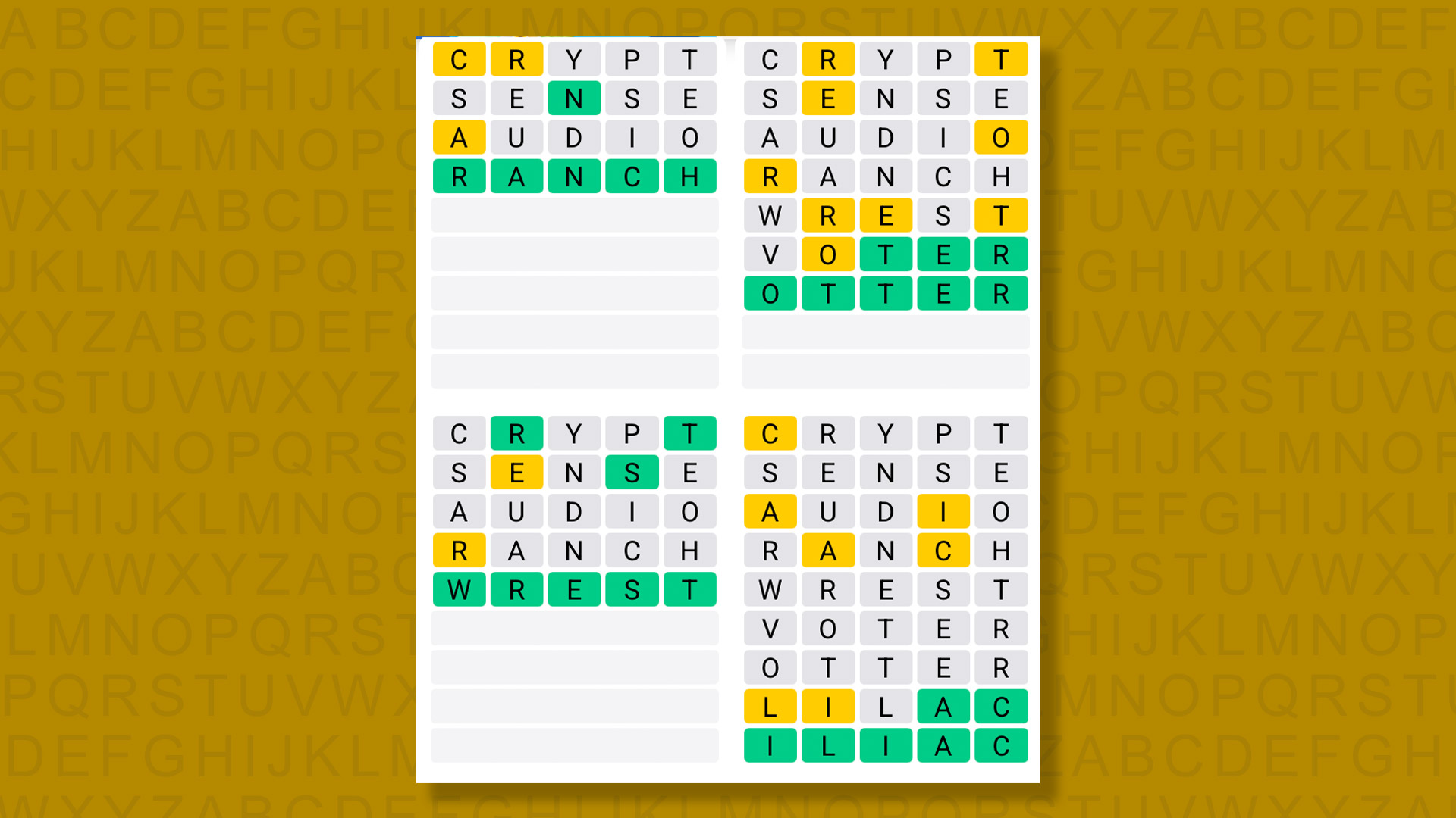 Quordle answers for game 1578 on a yellow background