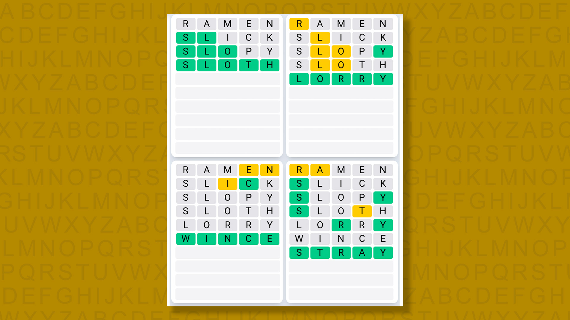 Quordle Daily Sequence answers for game 1564 on a yellow background