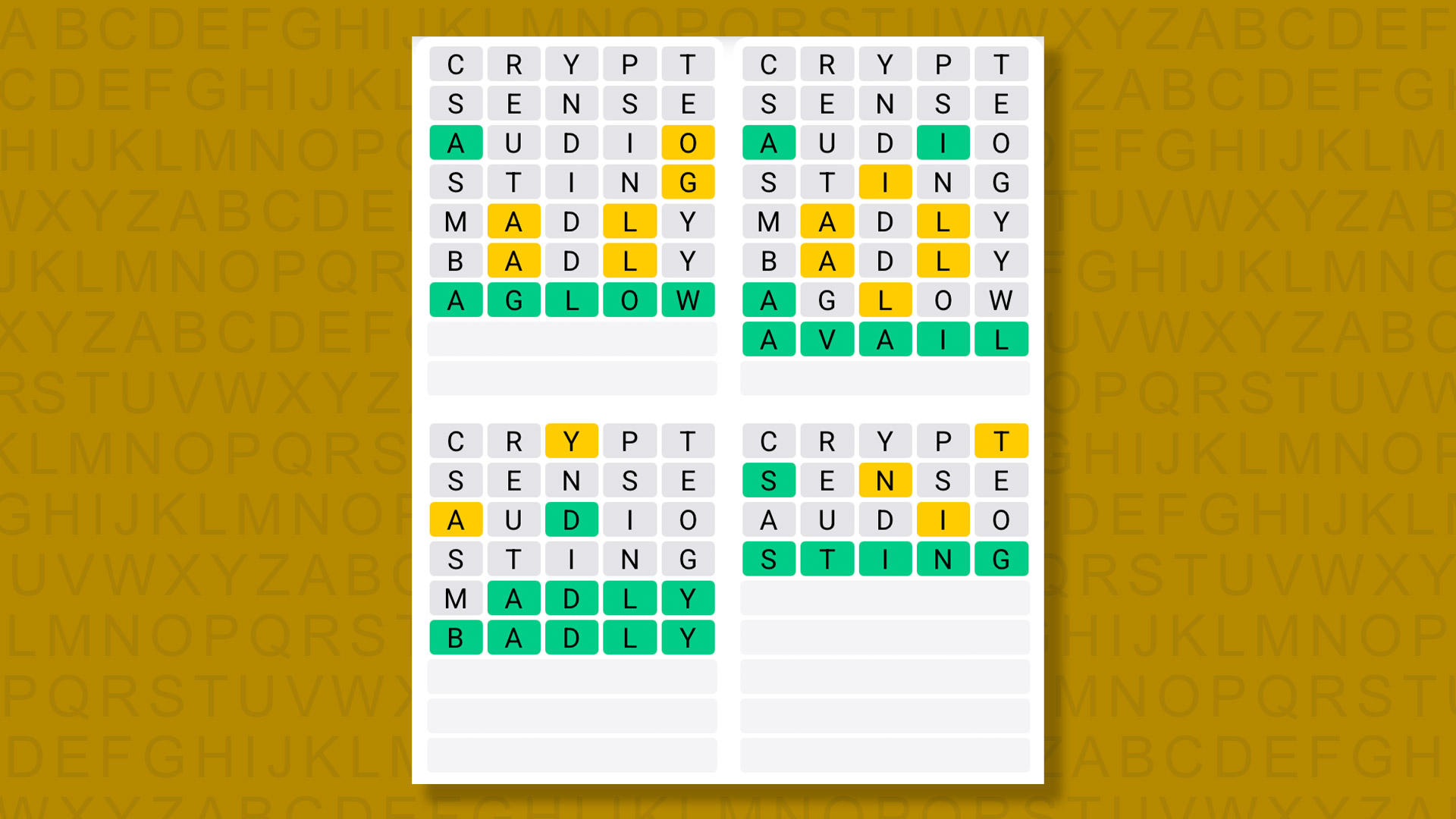 Quordle answers for game 1569 on a yellow background