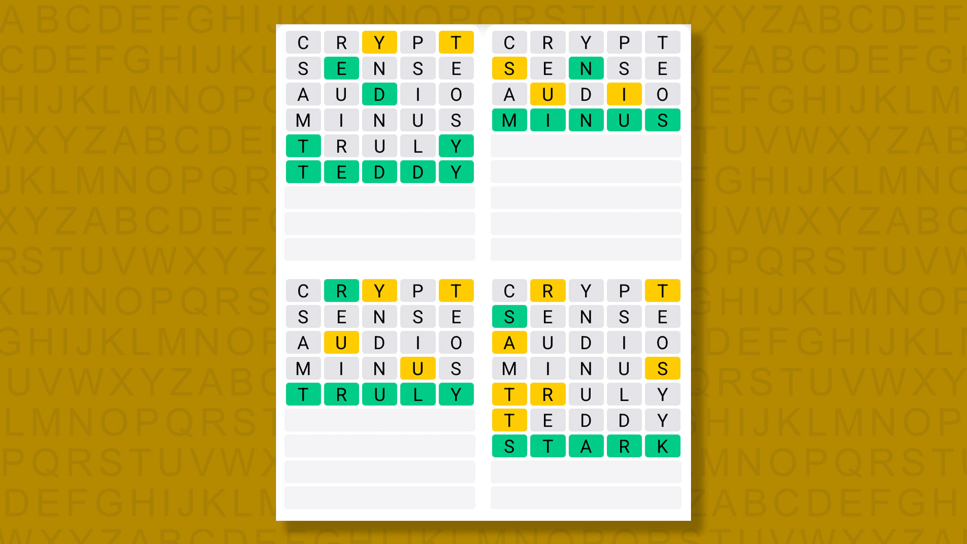Quordle answers for game 1577 on a yellow background