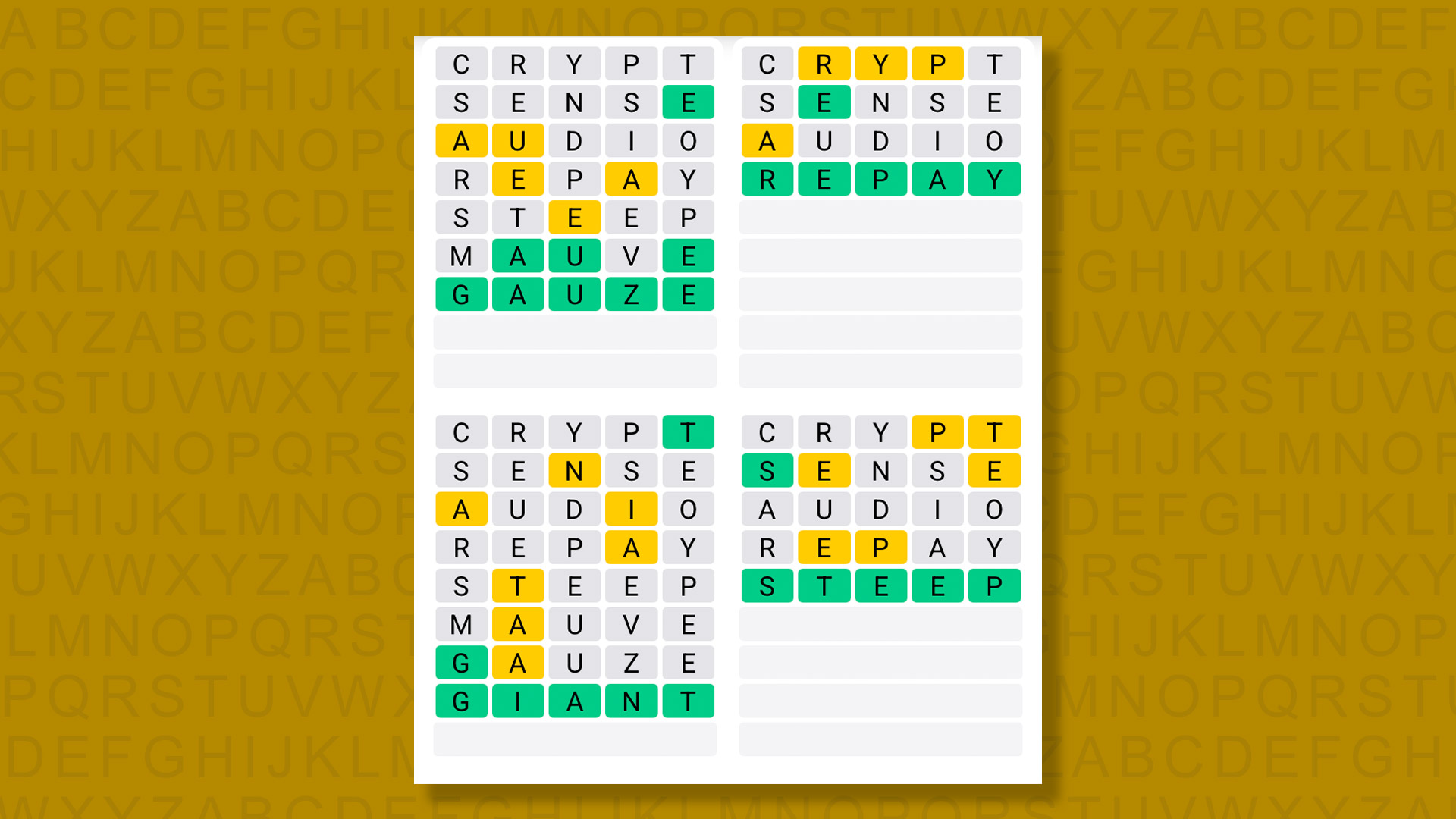 Quordle answers for game 1584 on a yellow background