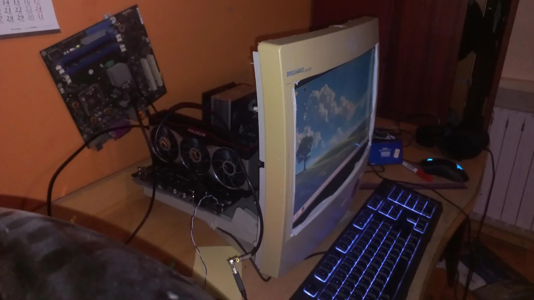 PC build in an old CRT monitor showing insides from the side