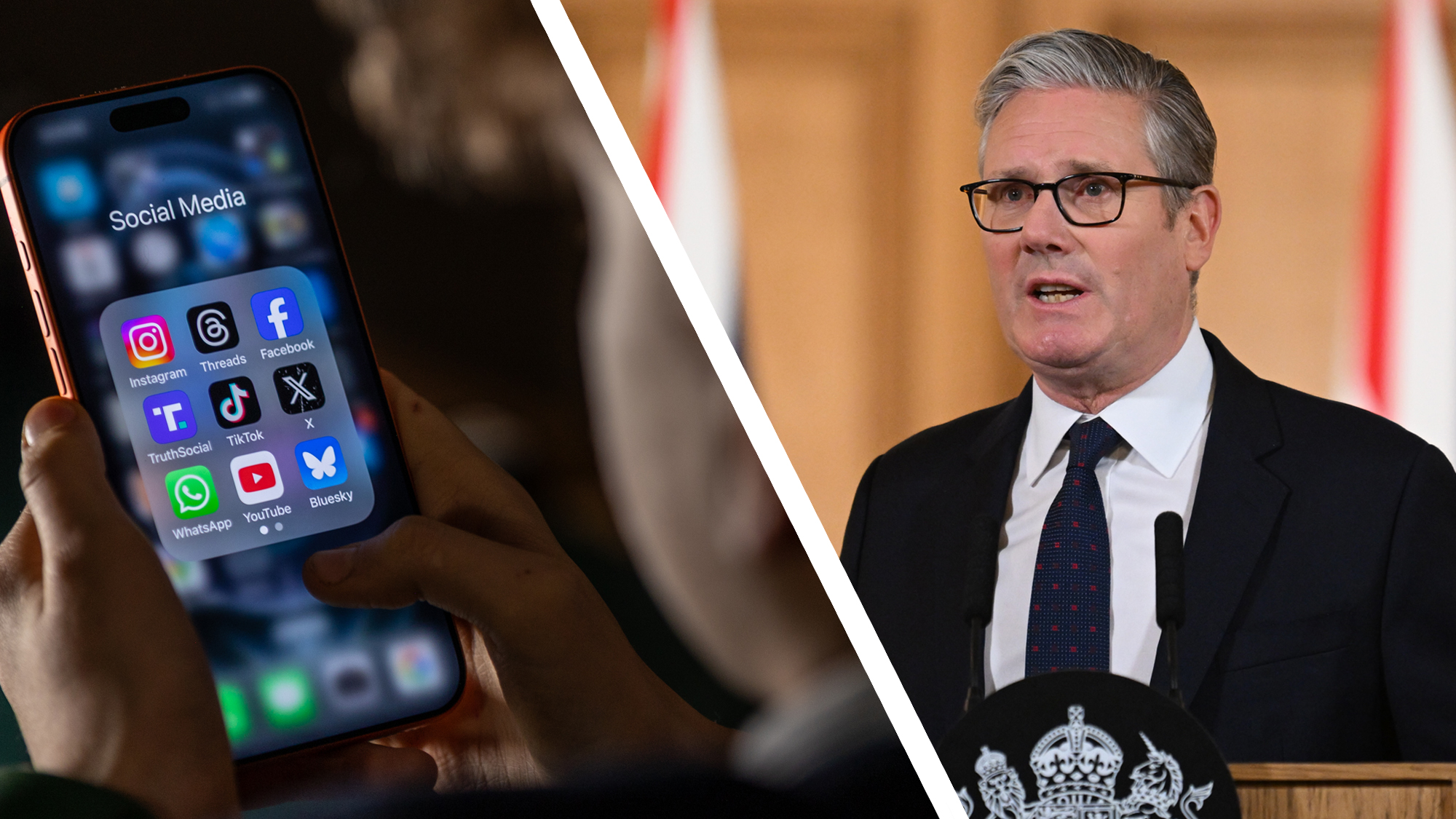 A child using social media on a smartphone next to a photo of Keir Starmer