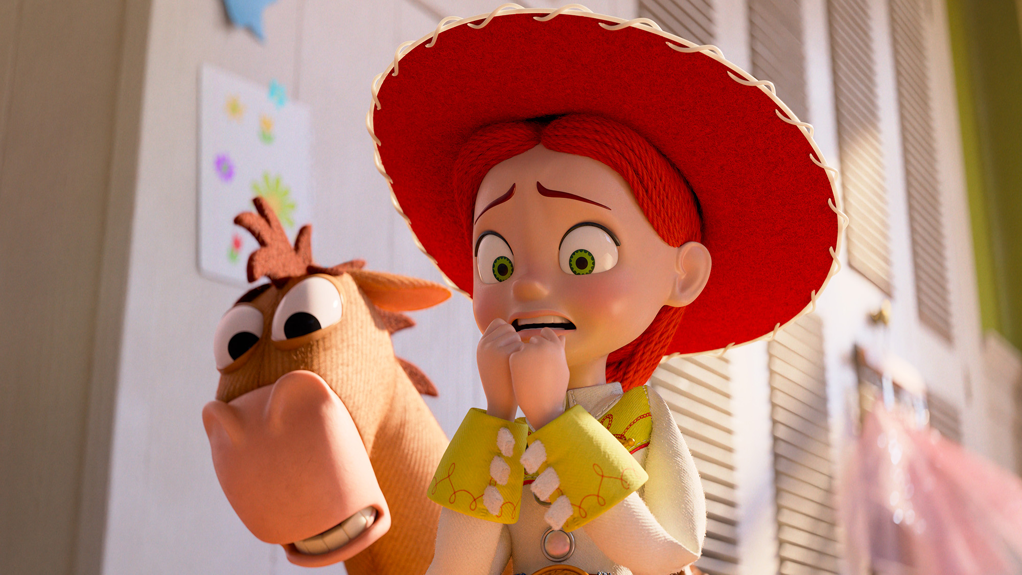 Bullseye and Jessie looking worried as they look at something off-camera in Toy Story 5