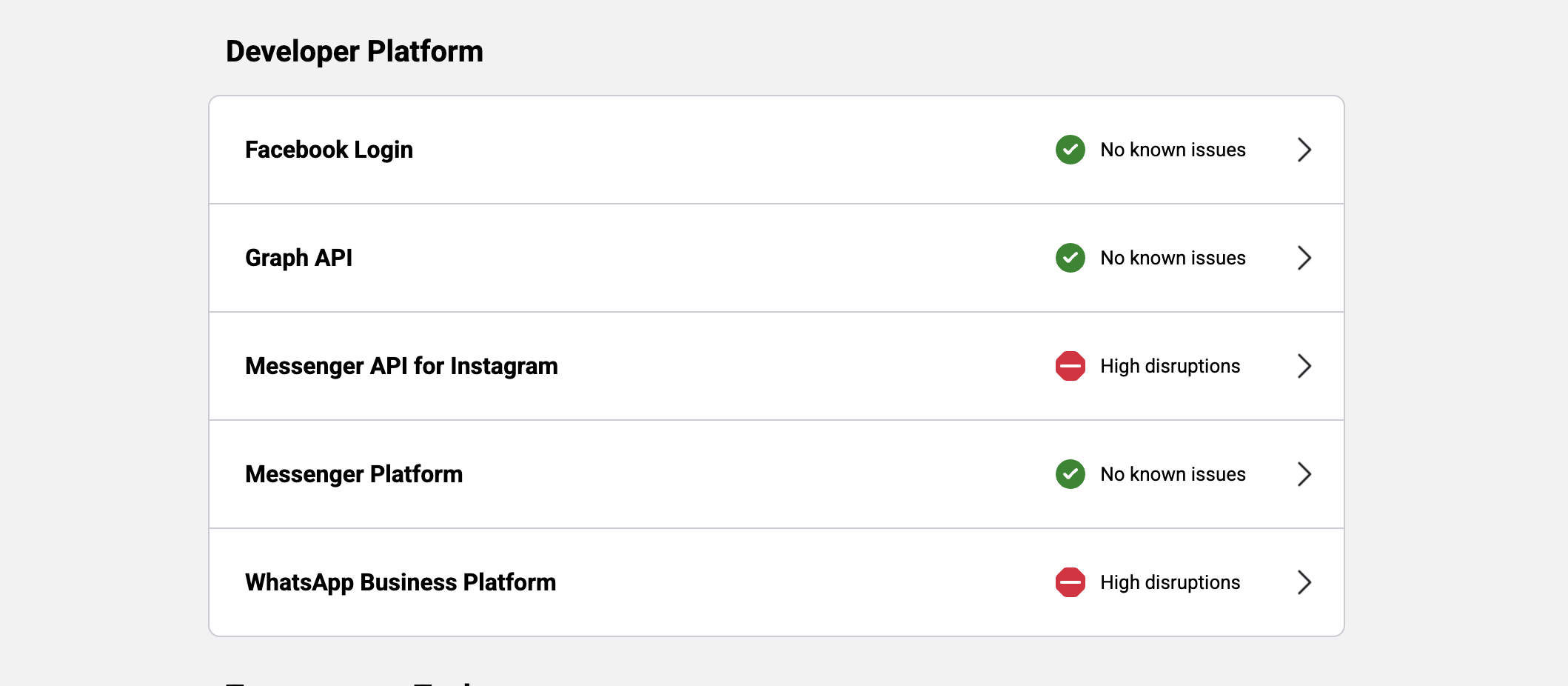 Meta Business Products Status Page