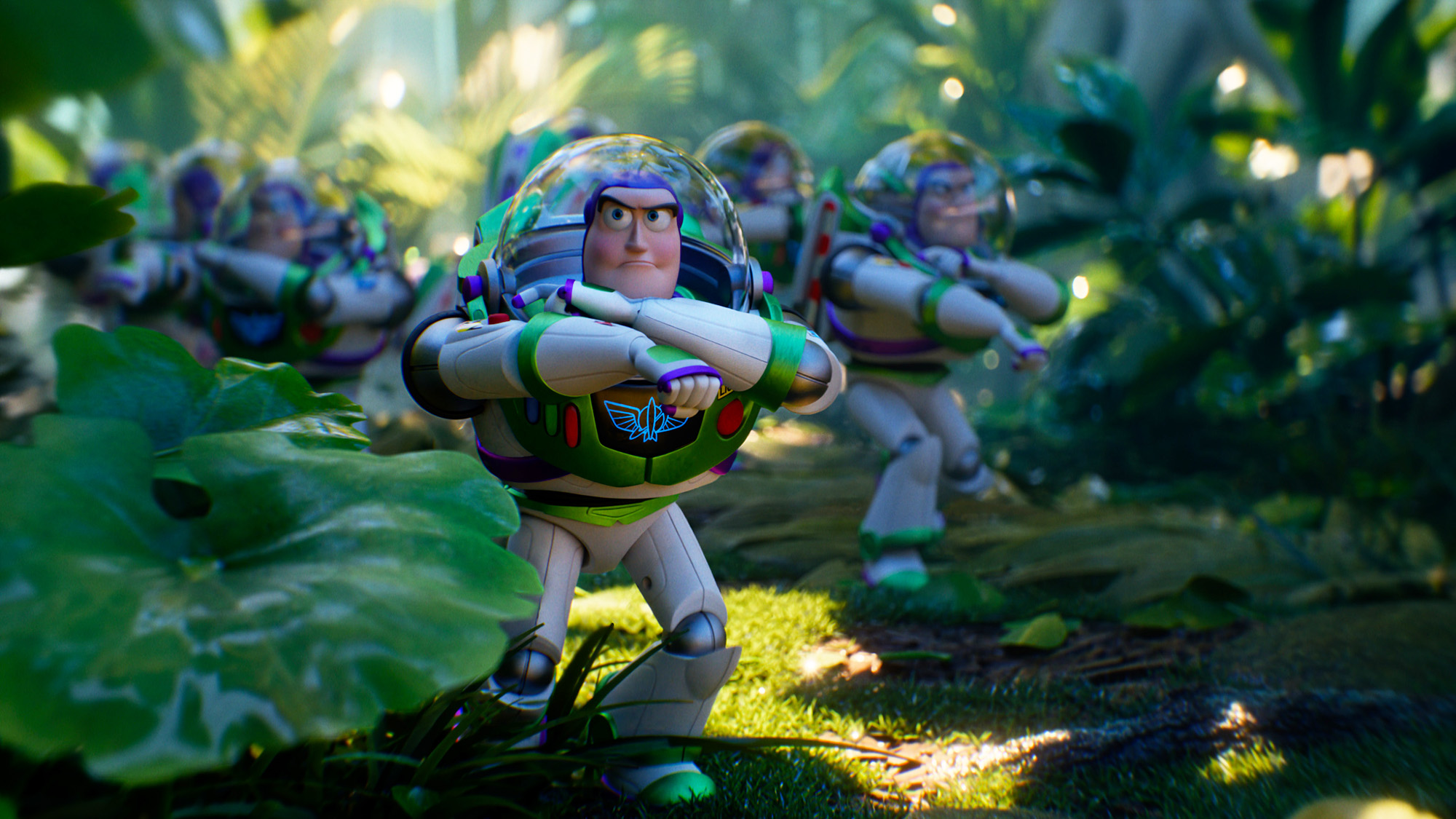 A group of high-tech Buzz Lightyears walking through a forest in Toy Story 5