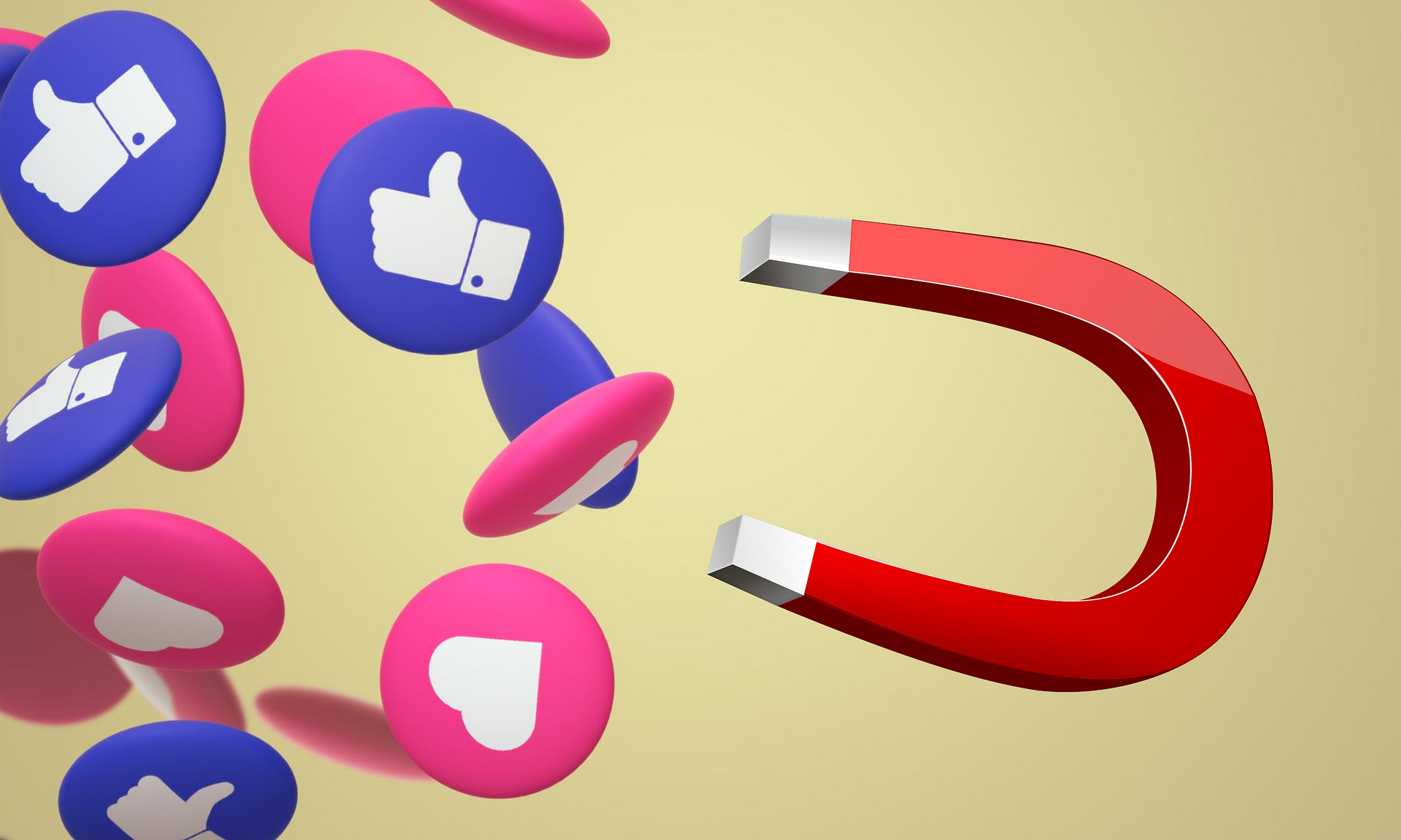 Red magnet pulling in social media like/heart icons on a yellow background