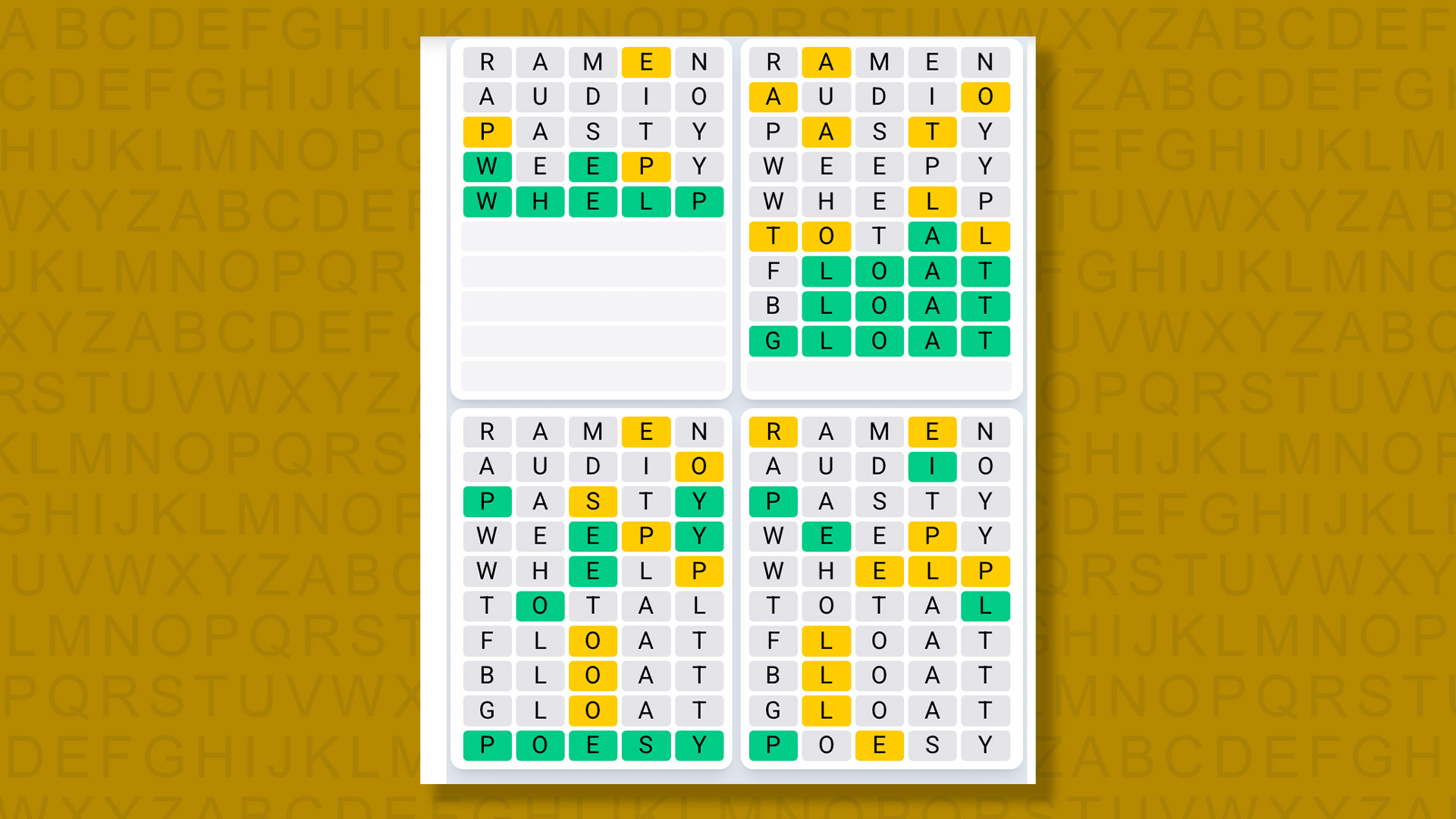 Quordle Daily Sequence answers for game 1607 on a yellow background