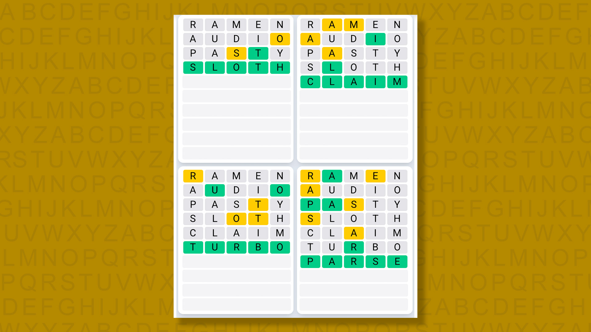 Quordle Daily Sequence answers for game 1601 on a yellow background