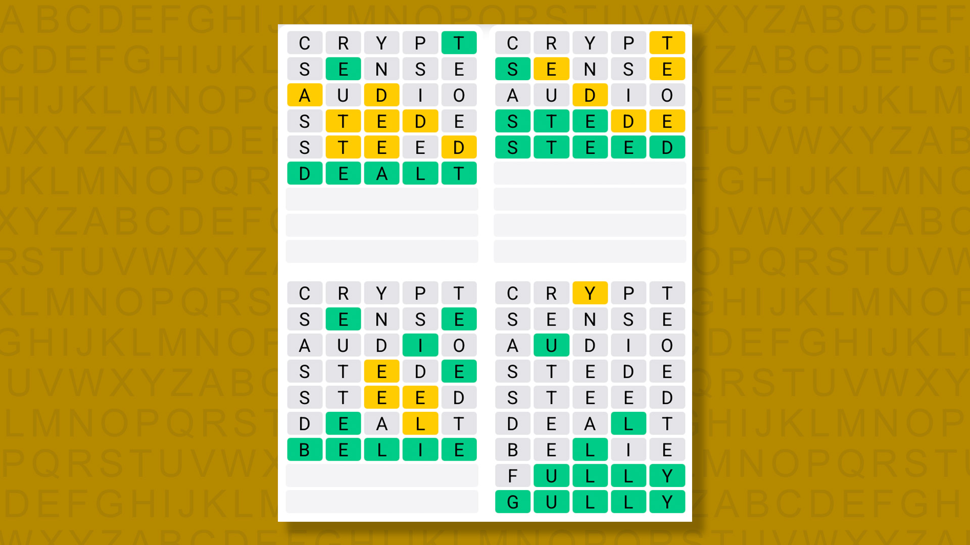Quordle answers for game 1601 on a yellow background