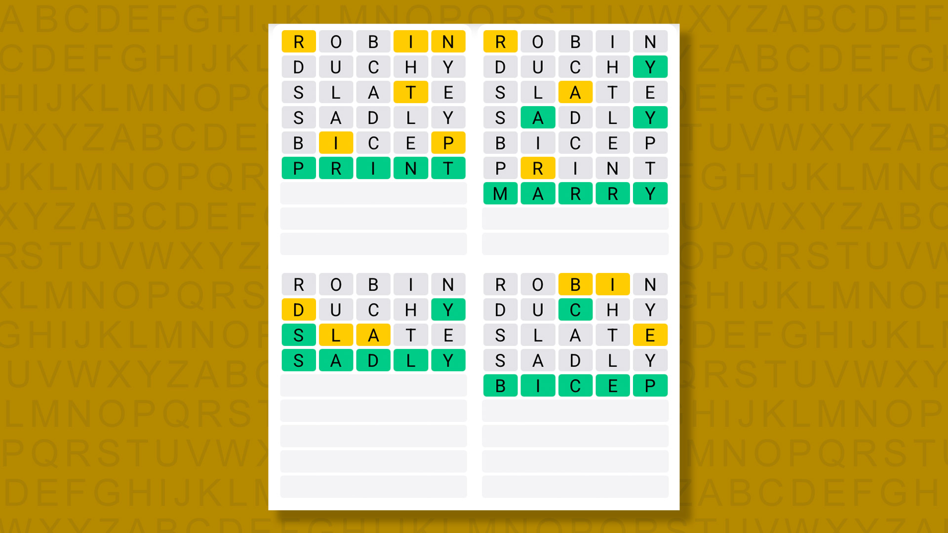 Quordle answers for game 1615 on a yellow background